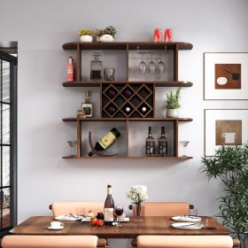 Large Wall Mounted 3 Tier Rustic Bottle Wine Rack,Multifunctional Wooden Wall Mounted Wine Rack,Storage Rack with Wine Glass Holder (Color: as Pic)